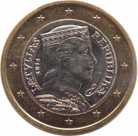 obverse of 1 Euro (2014 - 2016) coin with KM# 156 from Latvia. Inscription: LATVIJAS REPUBLIKA 2014