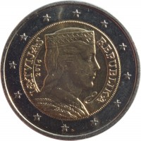 obverse of 2 Euro (2014 - 2015) coin with KM# 157 from Latvia. Inscription: LATVIJAS REPUBLIKA 2014