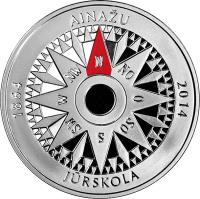 obverse of 5 Euro - Ainai Nautical School (2014) coin with KM# 159 from Latvia. Inscription: AINAŽU 1864 2014 N NO O SO S SW W NW JŪRSKOLA