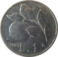 reverse of 1 Lira (1946 - 1950) coin with KM# 87 from Italy. Inscription: 1949 L.1 R