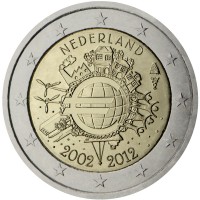 Netherlands coin 2 Euro - Beatrix - 10 Years of Euro Cash (2012) obverse obverse of 2 Euro - Beatrix - 10 Years of Euro Cash (2012) coin with KM# 308 from Netherlands. Inscription: NEDERLAND A.H. € 2002 2012