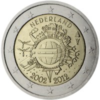 obverse of 2 Euro - Beatrix - 10 Years of Euro Cash (2012) coin with KM# 308 from Netherlands. Inscription: NEDERLAND A.H. € 2002 2012