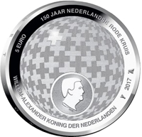 obverse of 5 Euro - Willem-Alexander - 150 Years Red Cross (2017) coin from Netherlands. Inscription: 5 EURO 150 JAAR NEDERLANDSE RODE KRUIS WILLEM-ALEXANDER KONING DER NEDERLANDEN 2017