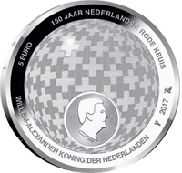 reverse of 5 Euro - Willem-Alexander - 150 Years Red Cross (2017) coin from Netherlands. Inscription: 5 EURO 150 JAAR NEDERLANDSE RODE KRUIS WILLEM-ALEXANDER KONING DER NEDERLANDEN 2017
