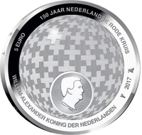 Netherlands coin 5 Euro - Willem-Alexander - 150 Years Red Cross (2017) reverse reverse of 5 Euro - Willem-Alexander - 150 Years Red Cross (2017) coin from Netherlands. Inscription: 5 EURO 150 JAAR NEDERLANDSE RODE KRUIS WILLEM-ALEXANDER KONING DER NEDERLANDEN 2017