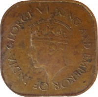 obverse of 5 Cents - George VI (1942 - 1945) coin with KM# 113 from Ceylon. Inscription: GEORGE VI KING AND EMPEROR OF INDIA