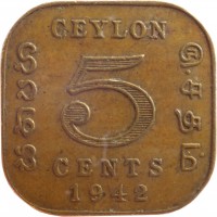 reverse of 5 Cents - George VI (1942 - 1945) coin with KM# 113 from Ceylon. Inscription: CEYLON 5 CENTS 1942