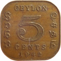 Ceylon coin 5 Cents - George VI (1942 - 1945) reverse reverse of 5 Cents - George VI (1942 - 1945) coin with KM# 113 from Ceylon. Inscription: CEYLON 5 CENTS 1942