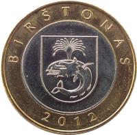 reverse of 2 Litai - Lithuanian resorts - Birštonas (2012) coin with KM# 183.1 from Lithuania. Inscription: BIRŠTONAS 2012