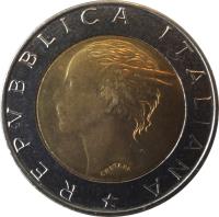 obverse of 500 Lire - European Parliamentary Elections (1999) coin with KM# 203 from Italy. Inscription: REPUBBLICA ITALIANA