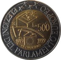 Italy coin 500 Lire - European Parliamentary Elections (1999) reverse reverse of 500 Lire - European Parliamentary Elections (1999) coin with KM# 203 from Italy. Inscription: L.500 1979 1999 13 GIUGNO ELEZIONI DEL PARLAMENTO EUROPEO