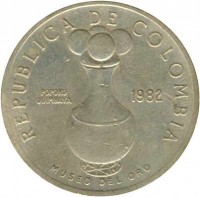 obverse of 20 Pesos (1982 - 1989) coin with KM# 271 from Colombia. Inscription: REPUBLICA DE COLOMBIA 1987 POPORO QUIMBAYA MUSEO DEL ORO