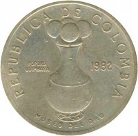 Colombia coin 20 Pesos (1982 - 1989) obverse obverse of 20 Pesos (1982 - 1989) coin with KM# 271 from Colombia. Inscription: REPUBLICA DE COLOMBIA 1987 POPORO QUIMBAYA MUSEO DEL ORO
