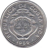 obverse of 25 Céntimos - Smaller (1983 - 1989) coin with KM# 188.3 from Costa Rica. Inscription: REPUBLICA DE COSTA RICA AMERICA CENTRAL REPUBLICA DE COSTA RICA 1989