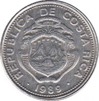 Costa Rica coin 25 Céntimos - Smaller (1983 - 1989) obverse obverse of 25 Céntimos - Smaller (1983 - 1989) coin with KM# 188.3 from Costa Rica. Inscription: REPUBLICA DE COSTA RICA AMERICA CENTRAL REPUBLICA DE COSTA RICA 1989