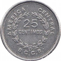 Costa Rica coin 25 Céntimos - Smaller (1983 - 1989) reverse reverse of 25 Céntimos - Smaller (1983 - 1989) coin with KM# 188.3 from Costa Rica. Inscription: AMERICA CENTRAL 25 CENTIMOS B.C.C.R.
