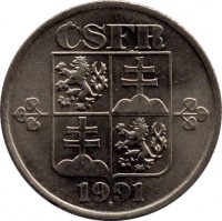 obverse of 50 Haléřů (1991 - 1992) coin with KM# 144 from Czechoslovakia. Inscription: ČSFR 1991