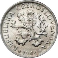 Czechoslovakia coin 1 Koruna (1946 - 1947) obverse obverse of 1 Koruna (1946 - 1947) coin with KM# 19 from Czechoslovakia. Inscription: REPUBLIKA ČESKOSLOVENSKÁ 1946