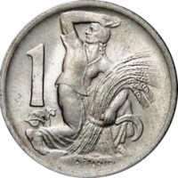 Czechoslovakia coin 1 Koruna (1946 - 1947) reverse reverse of 1 Koruna (1946 - 1947) coin with KM# 19 from Czechoslovakia. Inscription: 1 O-ŠPANIEL