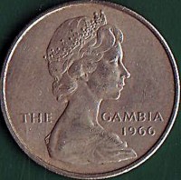 obverse of 1 Shilling - Elizabeth II - 2'nd Portrait (1966) coin with KM# 4 from Gambia. Inscription: THE GAMBIA 1966