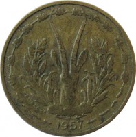 obverse of 10 Francs (1957) coin with KM# 8 from French West Africa. Inscription: G.B.L. BAZOR 1957