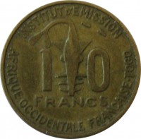 reverse of 10 Francs (1957) coin with KM# 8 from French West Africa. Inscription: INSTITUT D'EMISSION 10 FRANCS AFRIQUE OCCIDENTALE FRANCAISE.TOGO