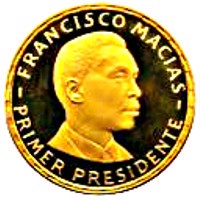 Equatorial Guinea coin 5000 Pesetas Guineanas - Francisco Macias (1970) reverse reverse of 5000 Pesetas Guineanas - Francisco Macias (1970) coin with KM# 31 from Equatorial Guinea. Inscription: - FRANCISCO MACIAS - PREMIER PRESIDENTE