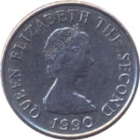 obverse of 5 Pence - Elizabeth II - Smaller; 2'nd Portrait (1990 - 1997) coin with KM# 56.2 from Jersey. Inscription: QUEEN ELIZABETH THE SECOND 1991