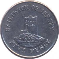 reverse of 5 Pence - Elizabeth II - Smaller; 2'nd Portrait (1990 - 1997) coin with KM# 56.2 from Jersey. Inscription: BAILIWICK OF JERSEY FIVE PENCE