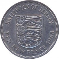 reverse of 10 New Pence - Elizabeth II - 2'nd Portrait (1968 - 1980) coin with KM# 33 from Jersey. Inscription: BAILWICK OF JERSEY TEN NEW PENCE 1968