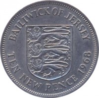 Jersey coin 10 New Pence - Elizabeth II - 2'nd Portrait (1968 - 1980) reverse reverse of 10 New Pence - Elizabeth II - 2'nd Portrait (1968 - 1980) coin with KM# 33 from Jersey. Inscription: BAILWICK OF JERSEY TEN NEW PENCE 1968