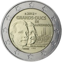 obverse of 2 Euro - Henri I - Death of Guillaume IV (2012) coin with KM# 121 from Luxembourg. Inscription: 2012 GRANDS-DUCS DE LUXEMBOURG GUILLAUME IV † 1912 HENRI