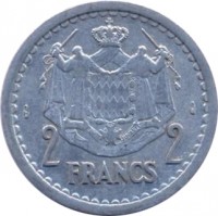 Monaco coin 2 Francs - Louis II (1943) reverse reverse of 2 Francs - Louis II (1943) coin with KM# 121 from Monaco. Inscription: 2 FRANCS 2 DEO JUVANTE