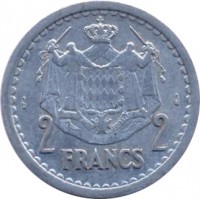 reverse of 2 Francs - Louis II (1943) coin with KM# 121 from Monaco. Inscription: 2 FRANCS 2 DEO JUVANTE