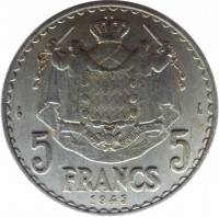 Monaco coin 5 Francs - Louis II (1945) reverse reverse of 5 Francs - Louis II (1945) coin with KM# 122 from Monaco. Inscription: DEO JUVANTE 5 FRANCS 5 1945