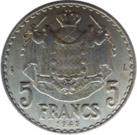 reverse of 5 Francs - Louis II (1945) coin with KM# 122 from Monaco. Inscription: DEO JUVANTE 5 FRANCS 5 1945