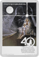 reverse of 2 Dollars - Elizabeth II - 40th Anniversary of Star Wars (2017) coin from Niue. Inscription: A long time ago in a galaxy far far away... 40 STAR WARS™ 1 oz 999 Fine Silver ©&™ Lucasfilm Ltd.