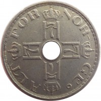 obverse of 50 Øre - Haakon VII (1926 - 1949) coin with KM# 386 from Norway. Inscription: ALT FOR NOR- GE o H7 H7 H7 H7