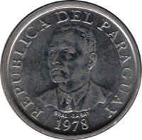Paraguay coin 10 Guaraníes - FAO (1978 - 1988) obverse obverse of 10 Guaraníes - FAO (1978 - 1988) coin with KM# 167 from Paraguay. Inscription: REPUBLICA DEL PARAGUAY GRAL. GARAY 1978