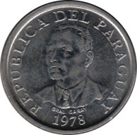 obverse of 10 Guaraníes - FAO (1978 - 1988) coin with KM# 167 from Paraguay. Inscription: REPUBLICA DEL PARAGUAY GRAL. GARAY 1978