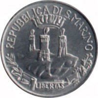 obverse of 1 Lira - Social Achievements: Freedom of Thought (1982) coin with KM# 131 from San Marino. Inscription: REPUBBLICA DI SAN MARINO