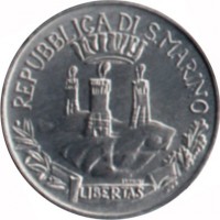 San Marino coin 1 Lira - Social Achievements: Freedom of Thought (1982) obverse obverse of 1 Lira - Social Achievements: Freedom of Thought (1982) coin with KM# 131 from San Marino. Inscription: REPUBBLICA DI SAN MARINO