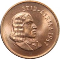 obverse of 1 Cent - SUID-AFRIKA (1965 - 1969) coin with KM# 65.2 from South Africa. Inscription: SUID-AFRIKA 1966 T.S.