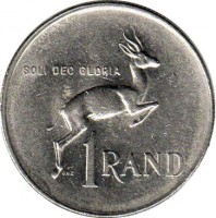 South Africa coin 1 Rand - SUID AFRIKA - SOUTH AFRICA (1977 - 1989) reverse reverse of 1 Rand - SUID AFRIKA - SOUTH AFRICA (1977 - 1989) coin with KM# 88a from South Africa. Inscription: SOLI DEO GLORIA J.v.T 1 RAND