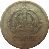 obverse of 25 Öre - Gustaf V (1943 - 1950) coin with KM# 816 from Sweden. Inscription: SVERIGE