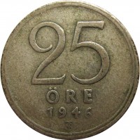 Sweden coin 25 Öre - Gustaf V (1943 - 1950) reverse reverse of 25 Öre - Gustaf V (1943 - 1950) coin with KM# 816 from Sweden. Inscription: 25 ØRE 1943 G