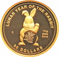 Cook Islands coin 60 Dollars - Elizabeth II - Year of The Rabbit (1999) reverse reverse of 60 Dollars - Elizabeth II - Year of The Rabbit (1999) coin from Cook Islands. Inscription: LUNAR YEAR OF THE RABBIT P 10g 9999 Gold 60 DOLLARS