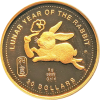 Cook Islands coin 30 Dollars - Elizabeth II - Year of The Rabbit (1999) reverse reverse of 30 Dollars - Elizabeth II - Year of The Rabbit (1999) coin from Cook Islands. Inscription: LUNAR YEAR OF THE RABBIT P 5g 9999 Gold 30 DOLLARS