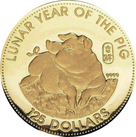 reverse of 125 Dollars - Elizabeth II - Lunar Year of The Pig (1995) coin from Cook Islands. Inscription: LUNAR YEAR OF THE PIG 30 DOLLARS 9999
