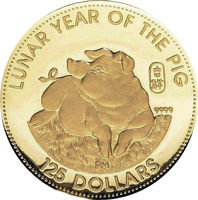 Cook Islands coin 125 Dollars - Elizabeth II - Lunar Year of The Pig (1995) reverse reverse of 125 Dollars - Elizabeth II - Lunar Year of The Pig (1995) coin from Cook Islands. Inscription: LUNAR YEAR OF THE PIG 30 DOLLARS 9999